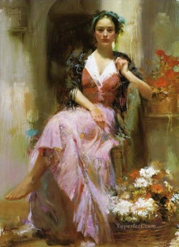 印象派 Painting - ピノ・ダエニの花美しい女性女性